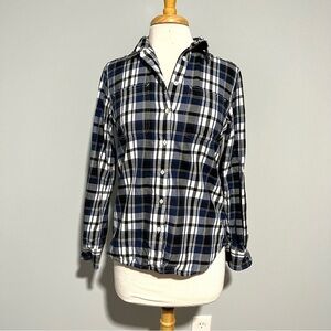 Lauren Ralph Lauren Navy Blue Black White Plaid Button Down Blouse Top Size S